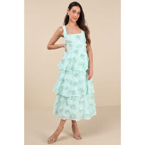 Lulus Exceptional Entrance Mint Sleeveless Tiered Rosette Midi Dress Blue
